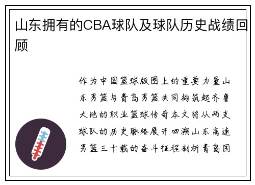 山东拥有的CBA球队及球队历史战绩回顾